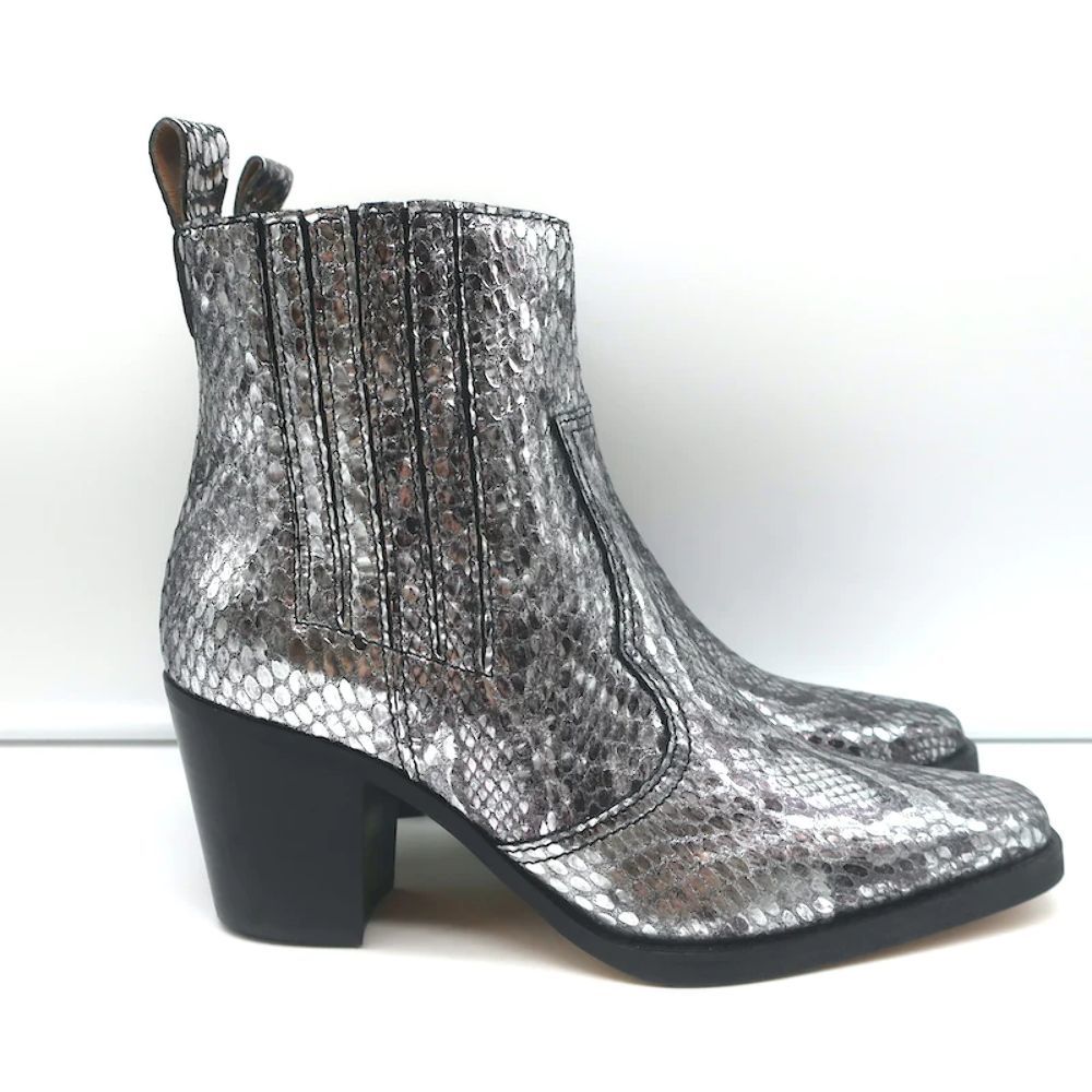 Ganni Callie Western Chelsea Boots Silver Metallic Snake-Print Leather Size 39 - Picture 2 of 10